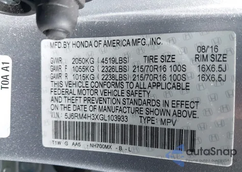 2016 Honda Cr-V Lx из США, поврежденный, VIN 5J6RM4H3XGL103933